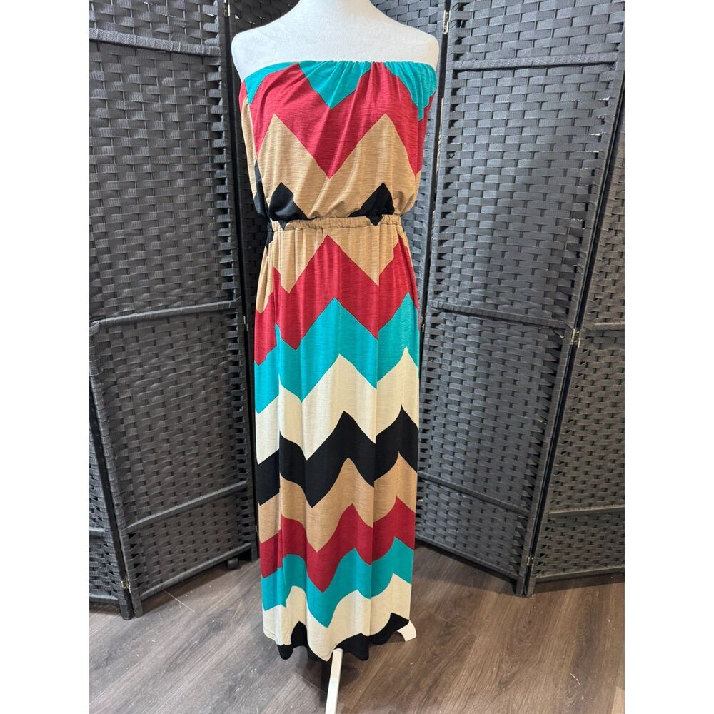 Boho Chevron Strapless Maxi Dress – XL – Vibrant Multicolor Pattern